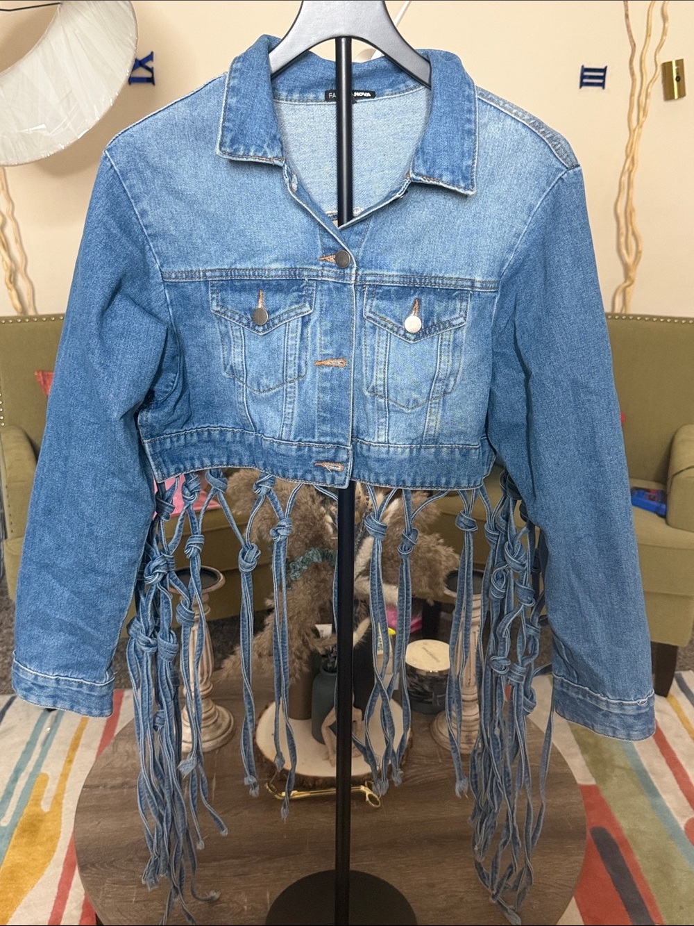 Fringed Cropped Denim Jacket - Light Blue